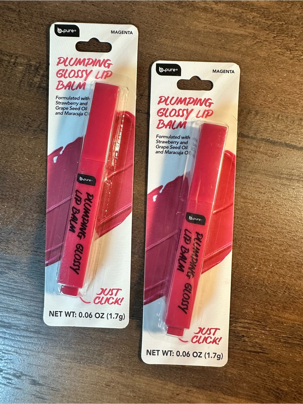 B PURE 2pk Plumping Glossy Lip Balm ~ Magenta ~ Strawberry & Grape Seed Oil